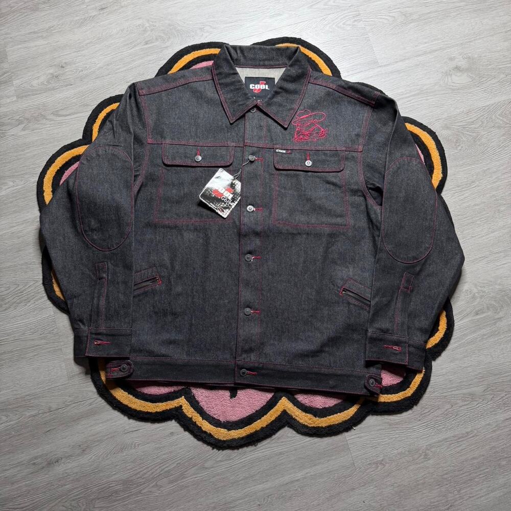 Vintage Y2K Cool J Embroidered Logo Raw Denim Trucker Jacket Size XL Black